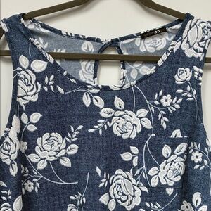Papermoon Blue Floral Sleeveless Top with White Rose Print- Size L